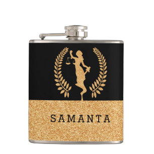 Lady Justice badge black and gold glitter Hip Flask