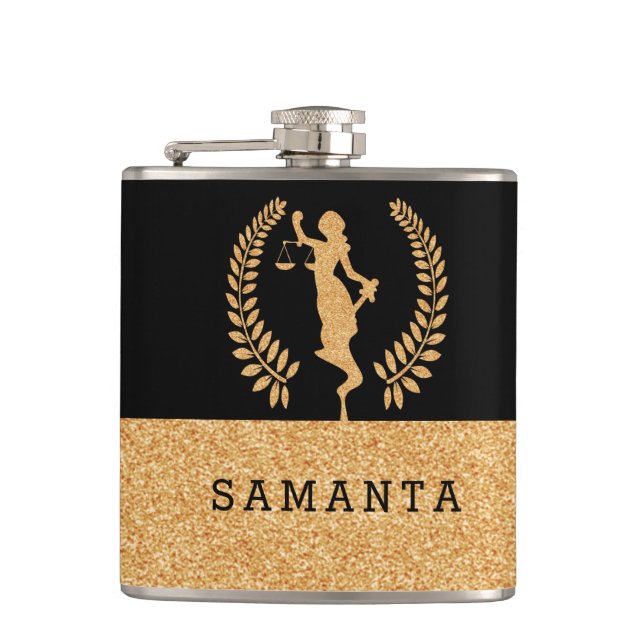 Lady Justice badge black and gold glitter Hip Flask (Front)