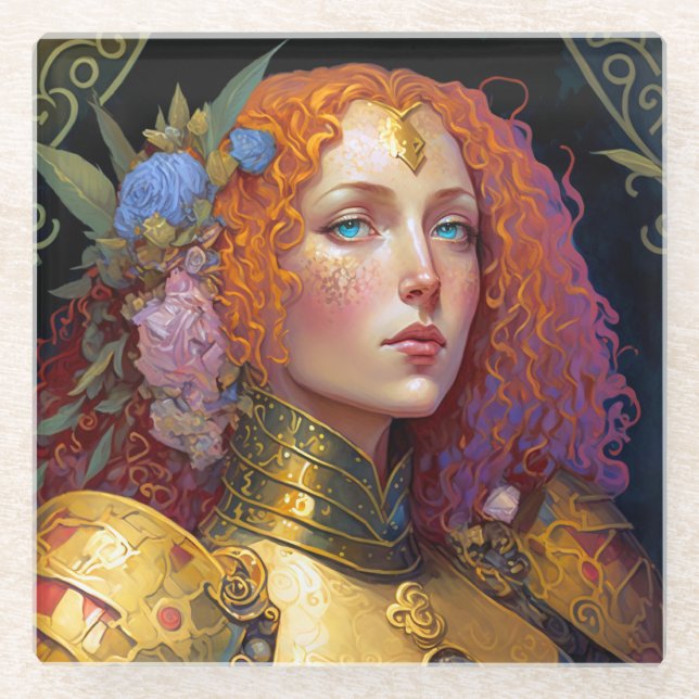 Lady Knight Warrior Armour Fantasy Art Glass Coaster (Front)