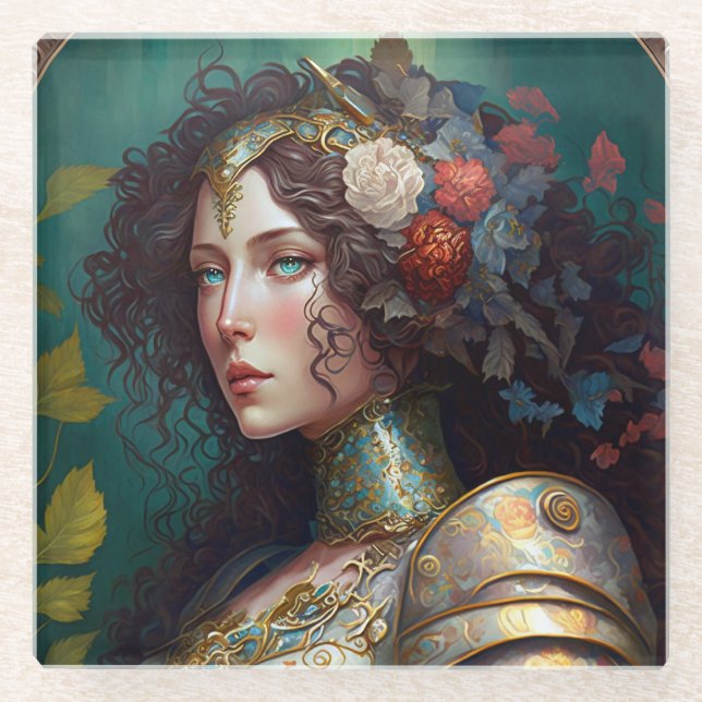 Lady Knight Warrior Armour Fantasy Art Glass Coaster (Front)