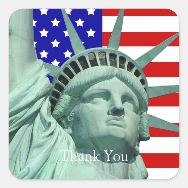 Lady Liberty & American Flag Thank You Square Sticker (Front)