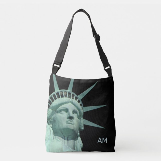 Lady Liberty and Monogram on Black Crossbody Bag (Front)