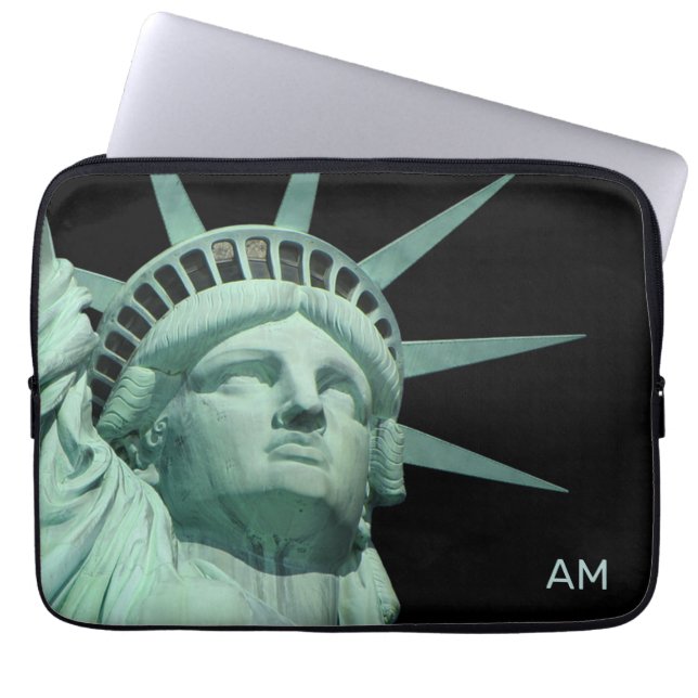 Lady Liberty and Monogram on Black Laptop Sleeve (Front)