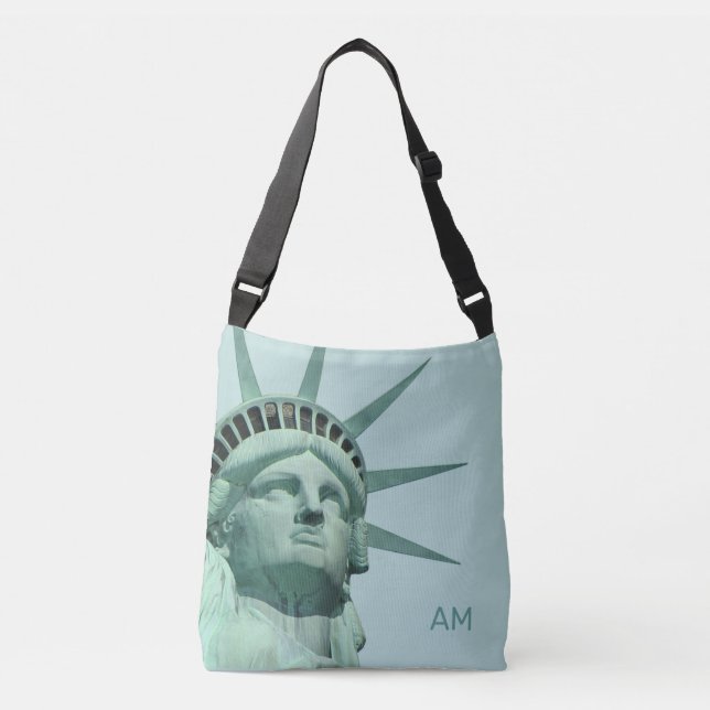 Lady Liberty and Monogram on Light Blue Crossbody Bag (Front)