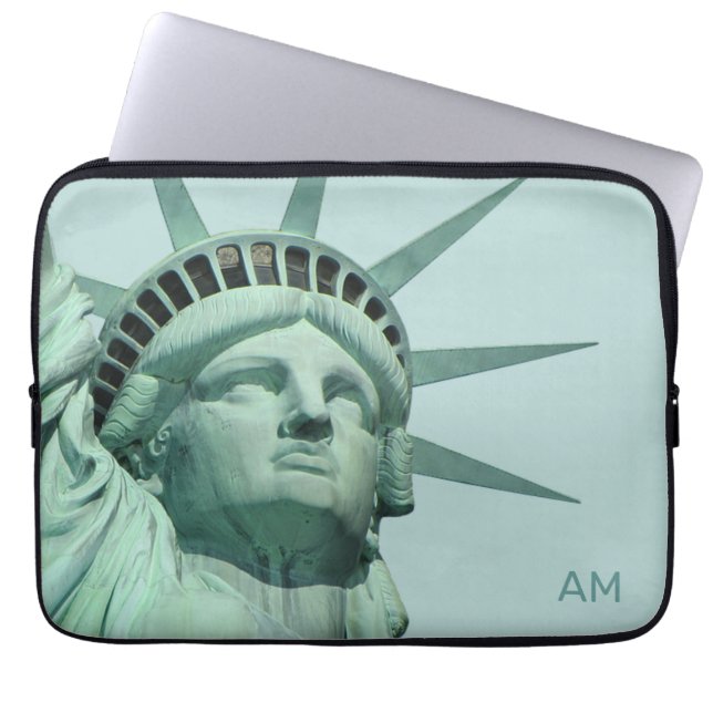 Lady Liberty and Monogram on Light Blue Laptop Sleeve (Front)