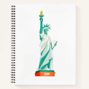 Lady Liberty and Monogram on White & Light Teal Notebook