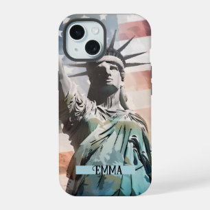 Lady Liberty and the American Flag Custom Name iPhone 15 Case