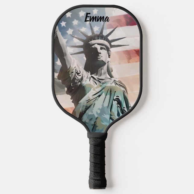 Lady Liberty and the American Flag Custom Name Pickleball Paddle (Front)