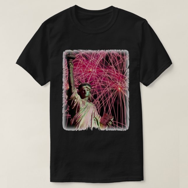 Lady Liberty Fireworks Background Celebration July T-Shirt (Design Front)