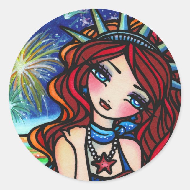 Lady Liberty Mermaid 4th of July Art Hannah Lynn Classic Round Sticker (Front)