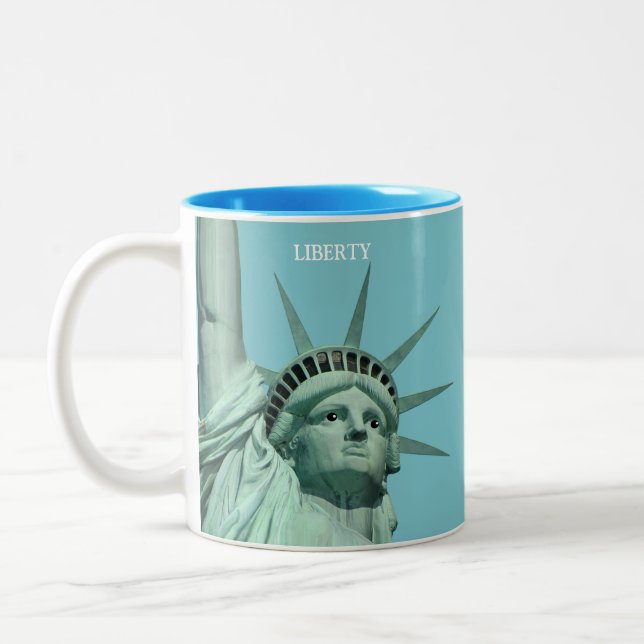 Lady Liberty on Sky Blue Two-Tone Coffee Mug (Left)