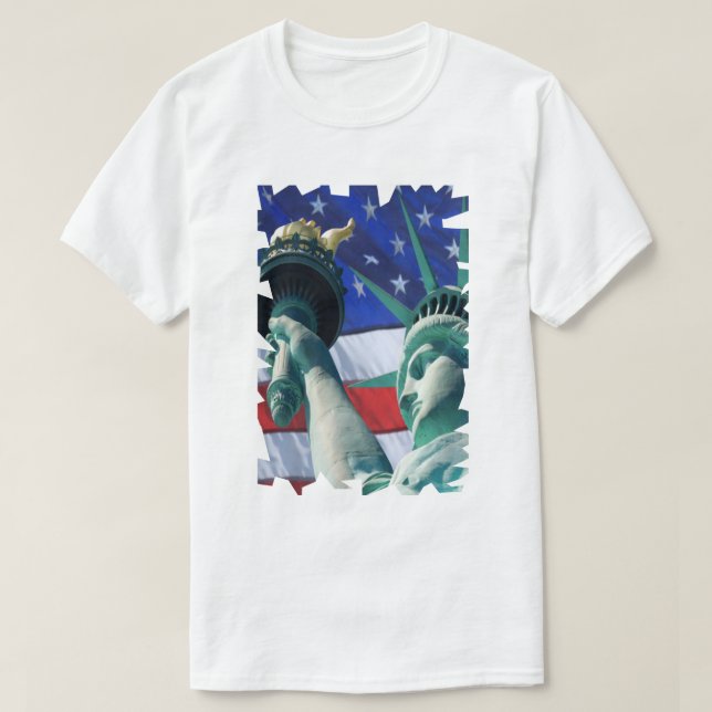 Lady Liberty USA Flag Background Statue of Liberty T-Shirt (Design Front)