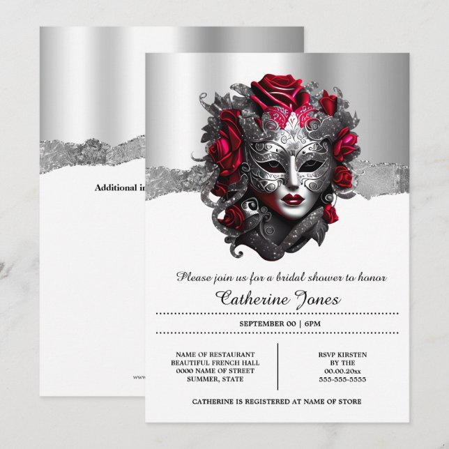 Lady masquerade venetian face mask silver red chic invitation (Front/Back)