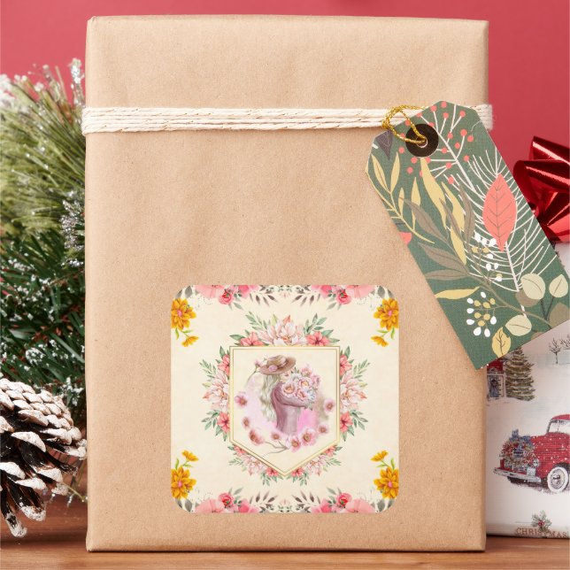 Lady of Blossoms – Botanical Fantasy Artwork Square Sticker (Holiday)