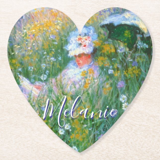 Lady of Claude Monet Painting Dans La Prairie Paper Coaster (Front)