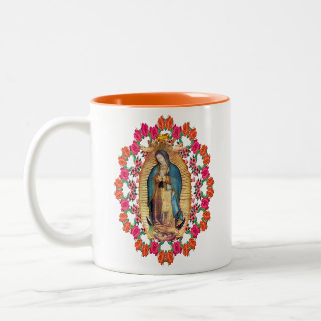 Lady of Guadalupe Virgin Mary Catholic Orange Two-Tone Coffee Mug (Left)