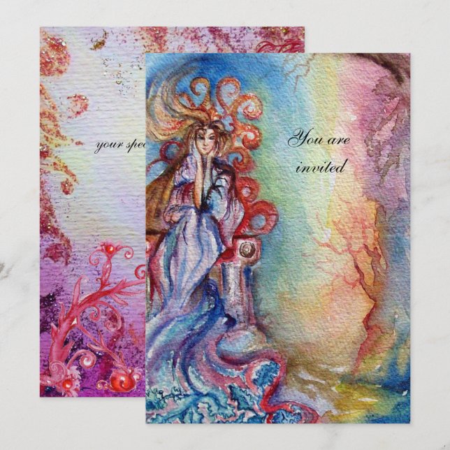 LADY OF LAKE 1, vibrant bright blue pink Invitation (Front/Back)
