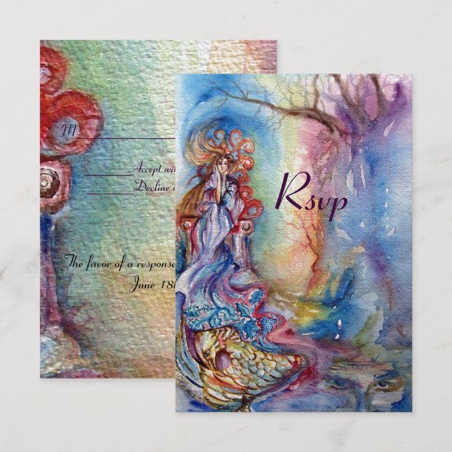 LADY OF LAKE , vibrant blue pink rsvp Invitation (Front/Back)