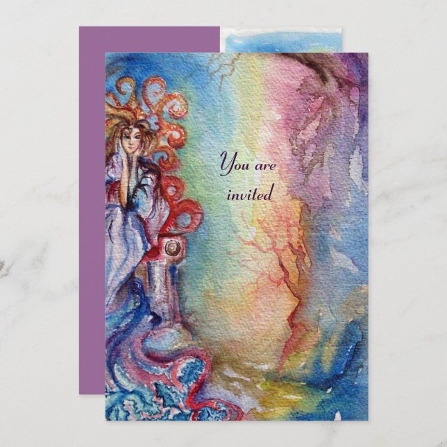 LADY OF LAKE vibrant bright blue pink violet white Invitation (Front/Back)