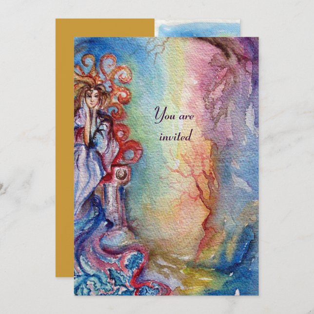 LADY OF LAKE , vibrant bright blue pink yellow Invitation (Front/Back)