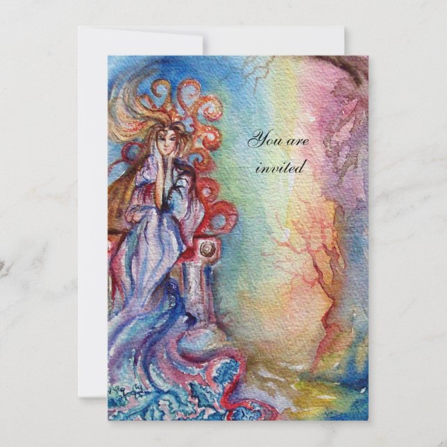 LADY OF LAKE , vibrant bright blue pink yellow Invitation (Front)