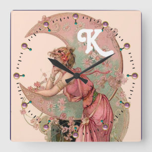 LADY OF THE MOON WITH FLOWERS IN PINK MONOGRAM SQUARE WALL CLOCK