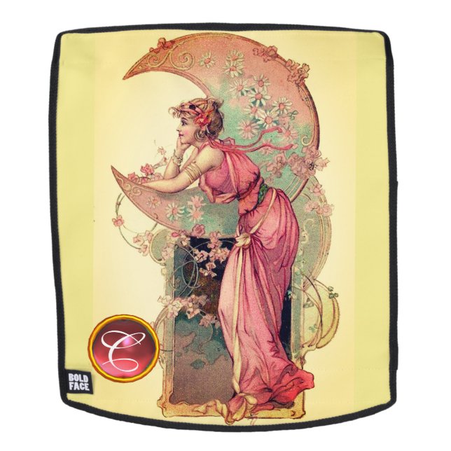 LADY OF THE MOON WITH FLOWERS PINK YELLOW MONOGRAM BACKPACK (Removable Face)