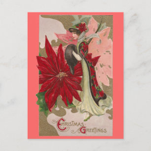 Lady of the Poinsettias Vintage Christmas Holiday Postcard