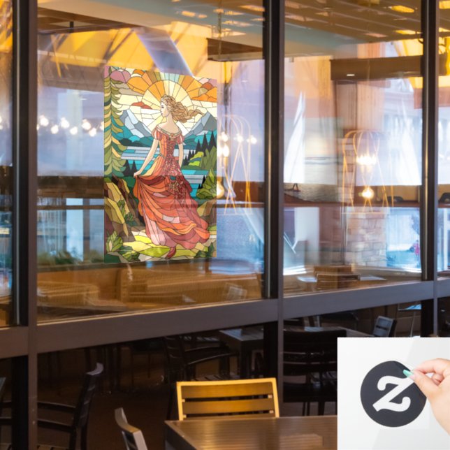 Lady of the Scenic Vista: Stained Glass Elegance A Window Cling (Restaurant Window)