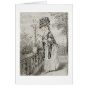 Lady on a Terrace Tending a Carnation Plant (black