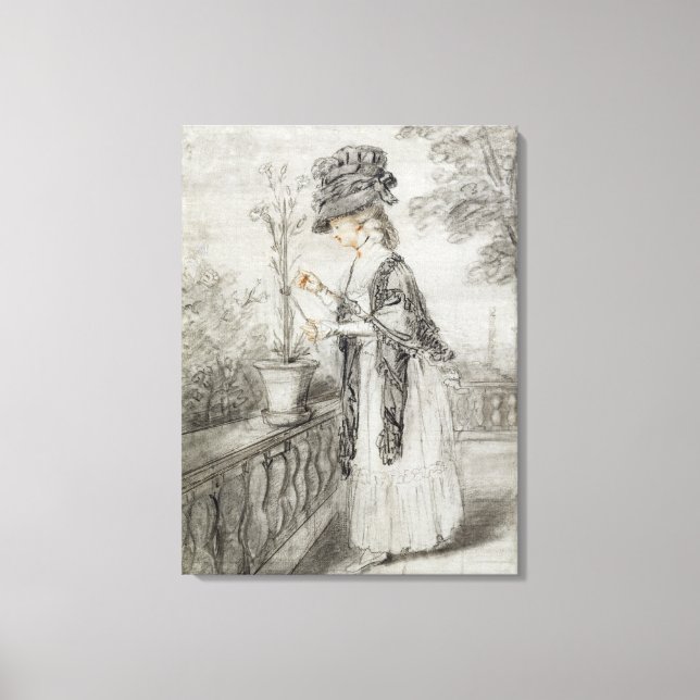Lady on a Terrace Tending a Carnation Plant (black Canvas Print (Front)