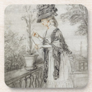 Lady on a Terrace Tending a Carnation Plant (black Coaster