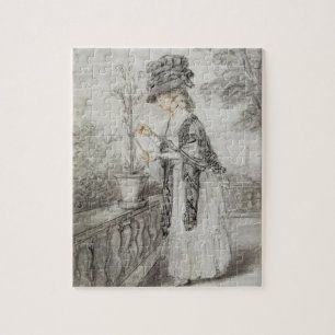 Lady on a Terrace Tending a Carnation Plant (black Jigsaw Puzzle