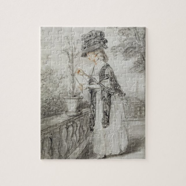 Lady on a Terrace Tending a Carnation Plant (black Jigsaw Puzzle (Vertical)