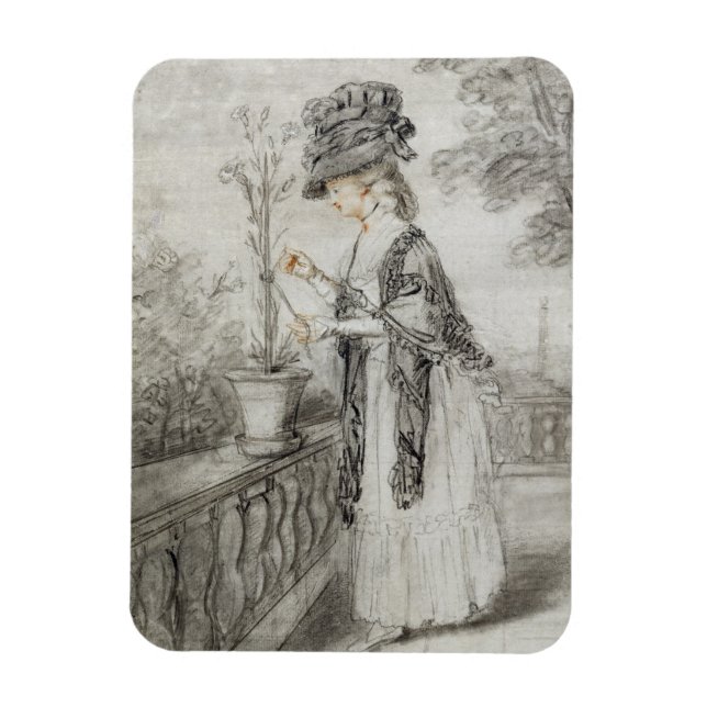 Lady on a Terrace Tending a Carnation Plant (black Magnet (Vertical)