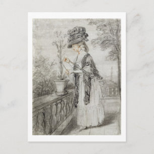 Lady on a Terrace Tending a Carnation Plant (black Postcard