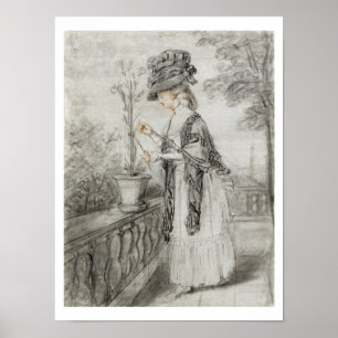 Lady on a Terrace Tending a Carnation Plant (black Poster