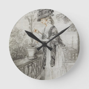 Lady on a Terrace Tending a Carnation Plant (black Round Clock