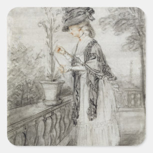 Lady on a Terrace Tending a Carnation Plant (black Square Sticker