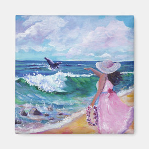 Lady on Beach with Humpback Whale Magnet
