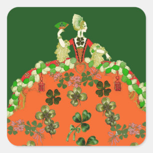 LADY ORANGE AND SHAMROCKS St. Patricks Day Green Square Sticker