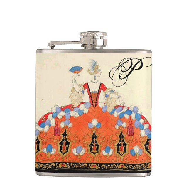 LADY ORANGE FASHION COSTUME DESIGNER MONOGRAM HIP FLASK (Front)