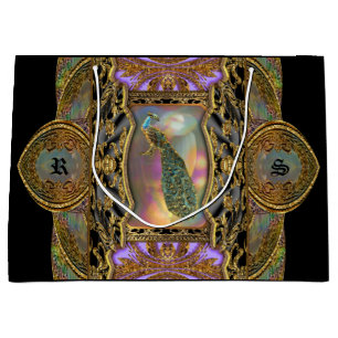 Lady Peacock  Monogram  Black Elegant Large Gift Bag