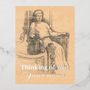 Lady pencil graphics on craft foil holiday postcard