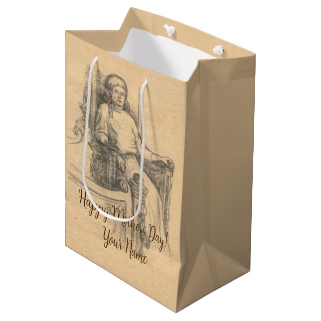 Lady pencil graphics on craft medium gift bag (Front Angled)