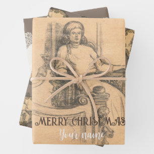 Lady pencil graphics on craft wrapping paper sheet