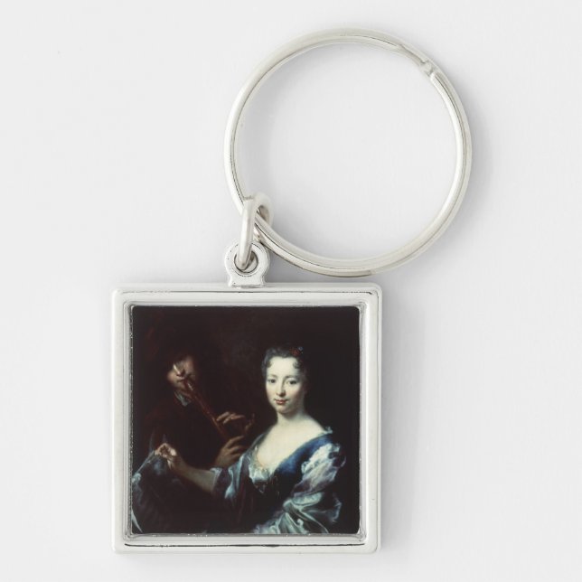 Lady playing a spinet and a flautist key ring (Front)
