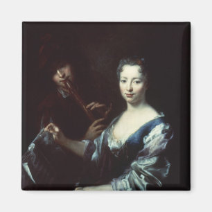 Lady playing a spinet and a flautist magnet