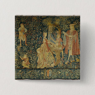 Lady playing the portative organ from 15 cm square badge