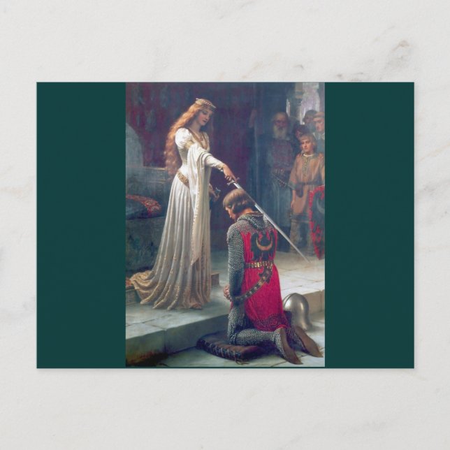 Lady queen knighting knight antique painting postcard (Front)